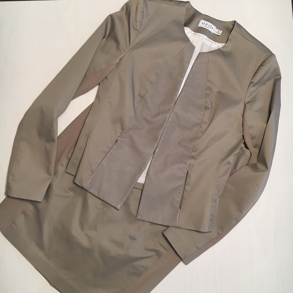 IRIS SETLAKWE 🇨🇦 Leather accent skirt suit designer taupe sz 6